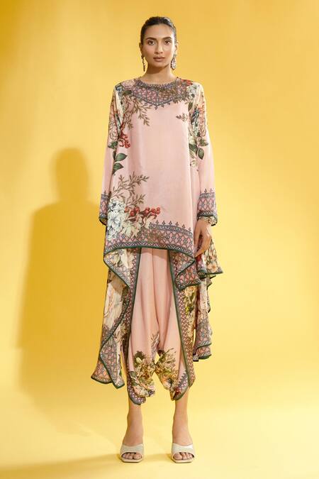 Shop_Rajdeep Ranawat_Peach Silk Floral Round Aafreen Printed Asymmetric Tunic_Online_at_Aza_Fashions