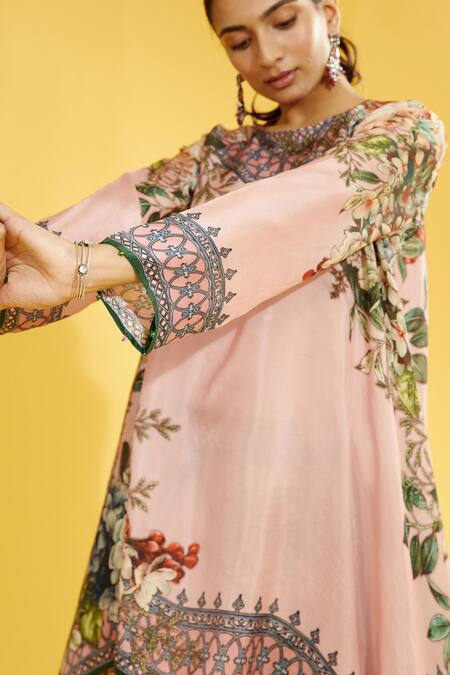 Rajdeep Ranawat_Peach Silk Floral Round Aafreen Printed Asymmetric Tunic_at_Aza_Fashions