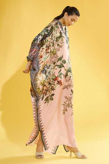 Rajdeep Ranawat_Peach Silk Floral V Neck Verusha Printed Kaftan _Online_at_Aza_Fashions