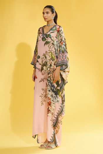 Buy_Rajdeep Ranawat_Peach Silk Floral V Neck Verusha Printed Kaftan _Online_at_Aza_Fashions