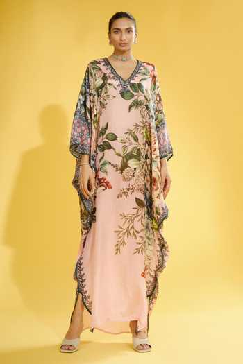 Shop_Rajdeep Ranawat_Peach Silk Floral V Neck Verusha Printed Kaftan _Online_at_Aza_Fashions