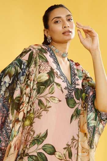 Rajdeep Ranawat_Peach Silk Floral V Neck Verusha Printed Kaftan _at_Aza_Fashions
