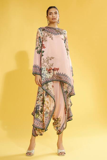 Rajdeep Ranawat_Pink Satin Printed Floral Sonth Dhoti Pant _Online_at_Aza_Fashions