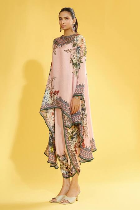Buy_Rajdeep Ranawat_Pink Satin Printed Floral Sonth Dhoti Pant _Online_at_Aza_Fashions