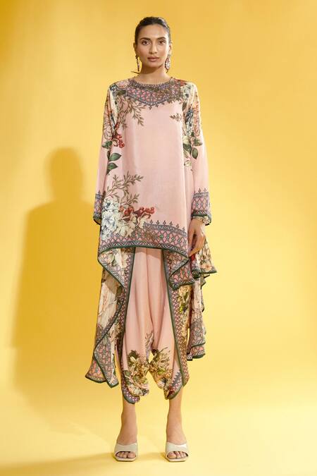 Rajdeep Ranawat_Pink Satin Printed Floral Sonth Dhoti Pant _at_Aza_Fashions