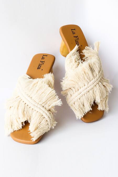 LA Fiza_White Tassels Moon Block Heels_Online_at_Aza_Fashions