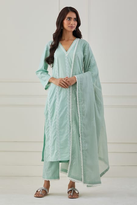 Priya Chaudhary Green , Kota Floral Embroidery V Neck Kurta Set