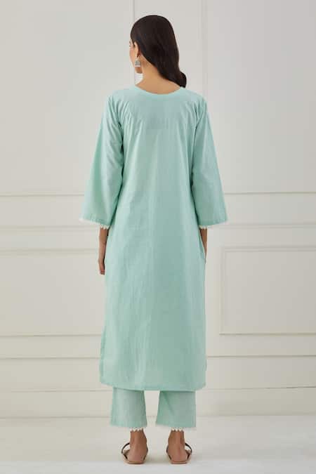 Shop Priya Chaudhary Green , Kota Floral Embroidery V Neck Kurta Set at Aza Fashions Shop_Priya Chaudhary_Green , Kota Floral Embroidery V Neck Kurta Set _at_Aza_Fashions