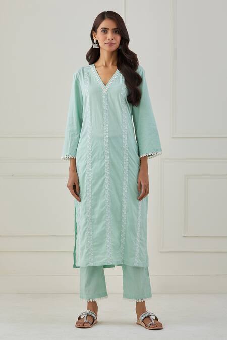 Buy Priya Chaudhary Green , Kota Floral Embroidery V Neck Kurta Set Online at Aza Fashions Buy_Priya Chaudhary_Green , Kota Floral Embroidery V Neck Kurta Set _Online_at_Aza_Fashions