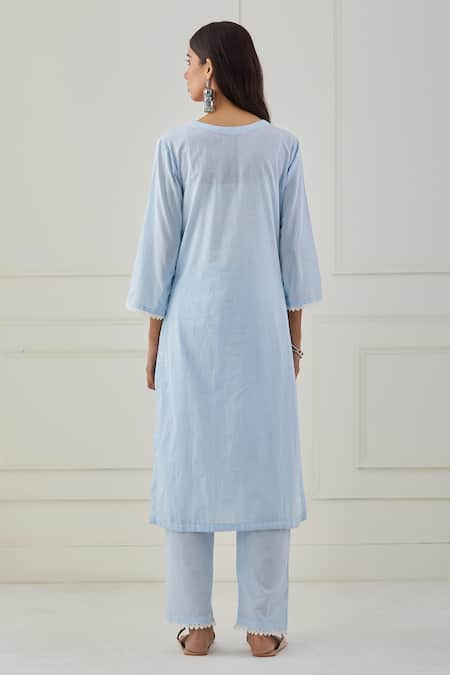 Shop Priya Chaudhary Blue , Kota Floral Embroidery V Neck Kurta Set at Aza Fashions Shop_Priya Chaudhary_Blue , Kota Floral Embroidery V Neck Kurta Set _at_Aza_Fashions