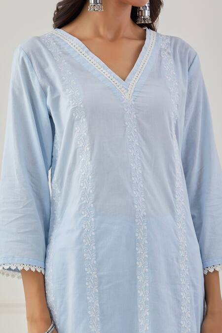 Shop Priya Chaudhary Blue , Kota Floral Embroidery V Neck Kurta Set Online at Aza Fashions Shop_Priya Chaudhary_Blue , Kota Floral Embroidery V Neck Kurta Set _Online_at_Aza_Fashions