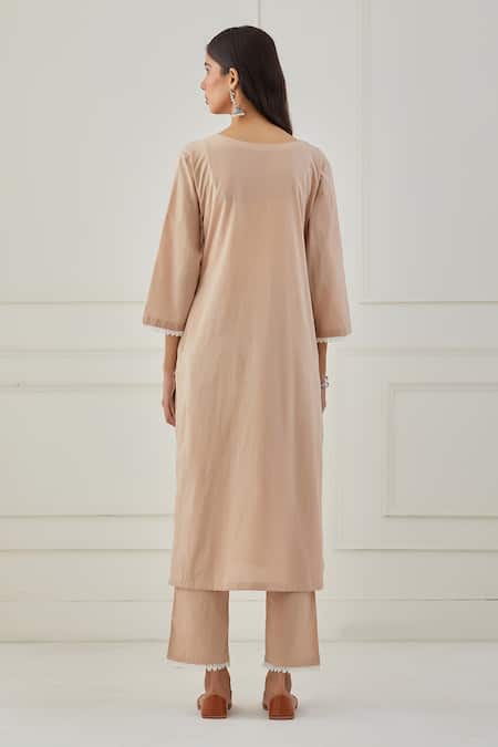 Shop Priya Chaudhary Beige , Kota Floral Embroidery V Neck Kurta Set at Aza Fashions Shop_Priya Chaudhary_Beige , Kota Floral Embroidery V Neck Kurta Set _at_Aza_Fashions