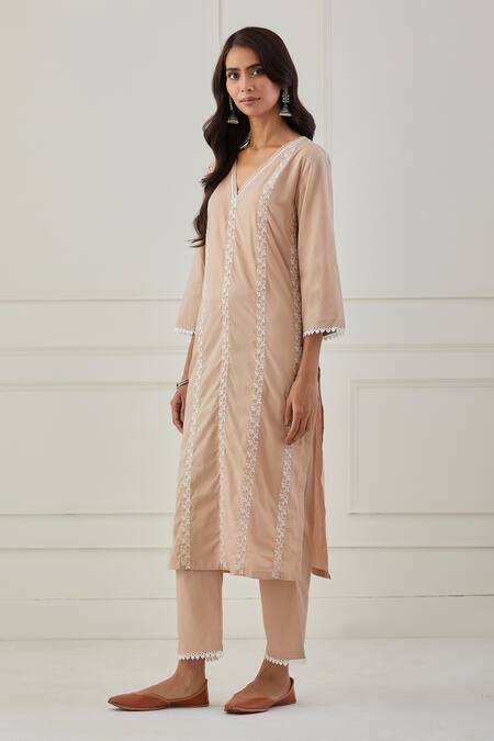 Buy Priya Chaudhary Beige , Kota Floral Embroidery V Neck Kurta Set Online at Aza Fashions Buy_Priya Chaudhary_Beige , Kota Floral Embroidery V Neck Kurta Set _Online_at_Aza_Fashions