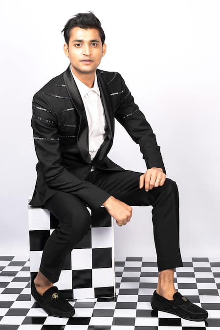 Buy_Aashiana_Black Italian Imported Fabric Pipe, Bead Embroidered Suit And Pant Set _Online_at_Aza_Fashions