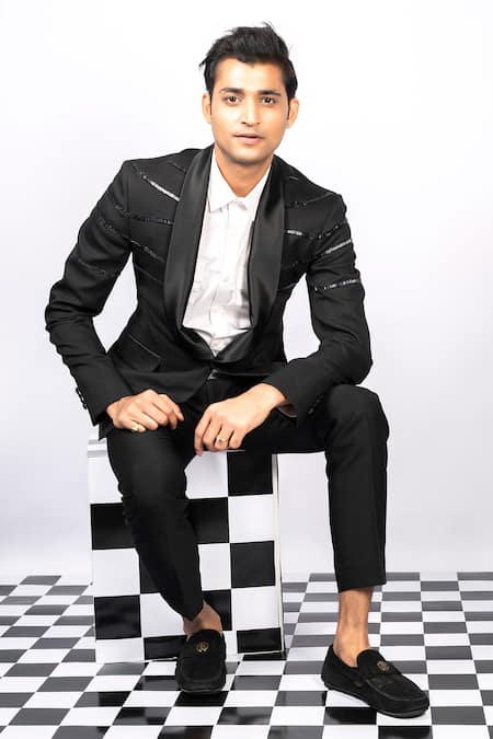 Shop_Aashiana_Black Italian Imported Fabric Pipe, Bead Embroidered Suit And Pant Set _Online_at_Aza_Fashions