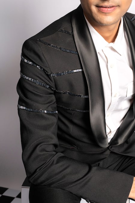 Aashiana_Black Italian Imported Fabric Pipe, Bead Embroidered Suit And Pant Set _at_Aza_Fashions