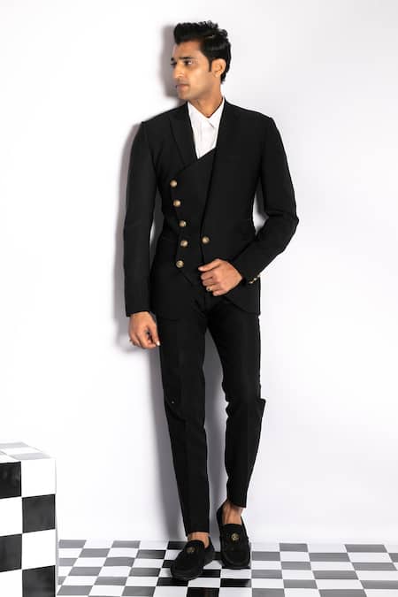 Buy Black Italian Imported Fabric Plain Diagonal Cut Suit And Pant