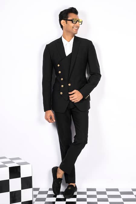 Shop_Aashiana_Black Italian Imported Fabric Plain Diagonal Cut Suit And Pant Set _Online_at_Aza_Fashions