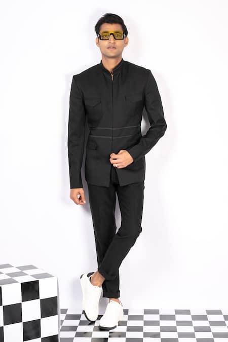 Aashiana Black Italian Imported Fabric Plain Mandarin Collar Suit And Pant Set 