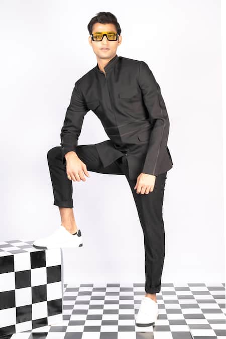 Buy_Aashiana_Black Italian Imported Fabric Plain Mandarin Collar Suit And Pant Set _Online_at_Aza_Fashions