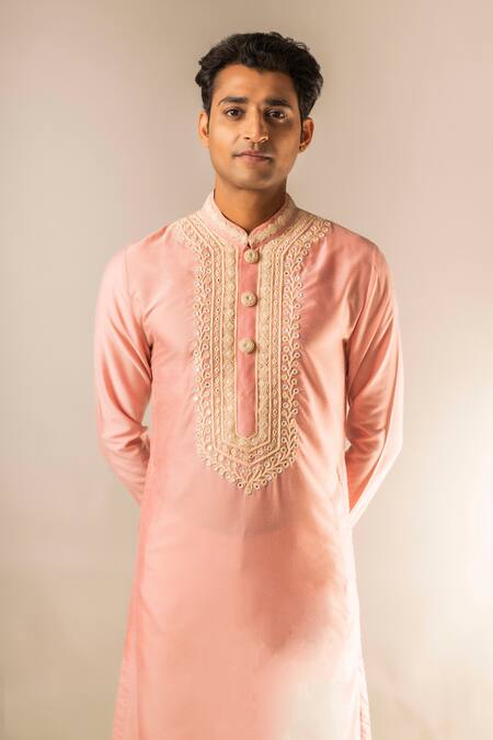 Shop_Aashiana_Pink Cotton Silk Satin Embroidery Mirror Kurta Set  _Online_at_Aza_Fashions