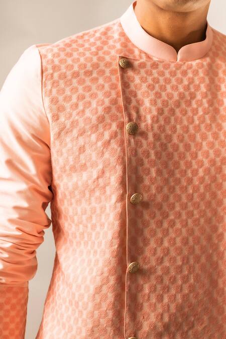 Shop_Aashiana_Peach Cotton Silk Satin Embroidery Geometric Bundi And Kurta Set  _Online_at_Aza_Fashions