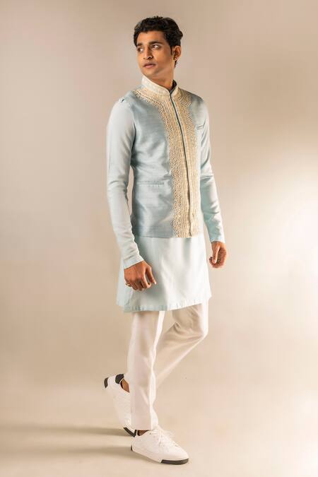 Buy Aashiana Blue Cotton Silk Satin Embroidery Mirror Bundi And Kurta Set Online at Aza Fashions Buy_Aashiana_Blue Cotton Silk Satin Embroidery Mirror Bundi And Kurta Set _Online_at_Aza_Fashions