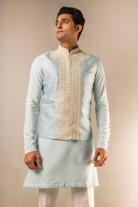 Shop Aashiana Blue Cotton Silk Satin Embroidery Mirror Bundi And Kurta Set Online at Aza Fashions Shop_Aashiana_Blue Cotton Silk Satin Embroidery Mirror Bundi And Kurta Set _Online_at_Aza_Fashions