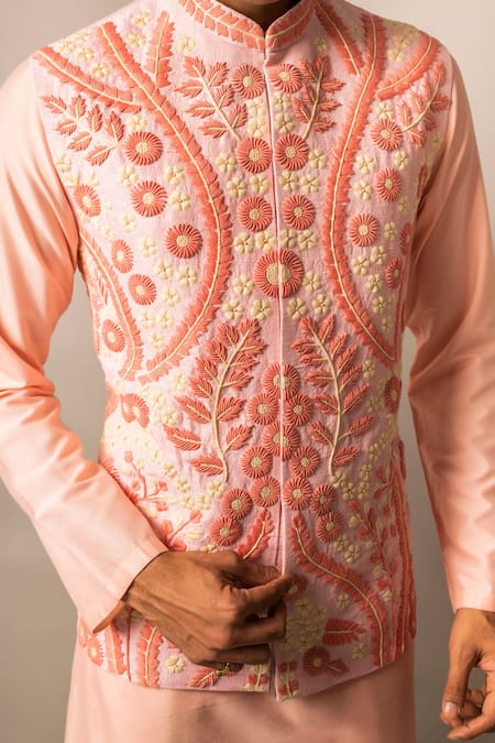 Buy_Aashiana_Peach Raw , Cotton Satin Floral, Thread Embroidered Bundi And Kurta Set _Online_at_Aza_Fashions