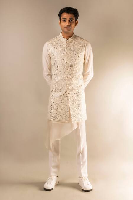Buy_Aashiana_Off White Cotton Silk Satin Embroidery Mirror Bundi And Kurta Set  _Online_at_Aza_Fashions