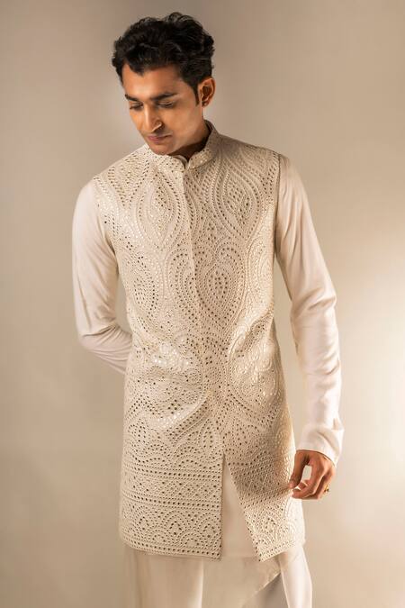 Shop_Aashiana_Off White Cotton Silk Satin Embroidery Mirror Bundi And Kurta Set  _Online_at_Aza_Fashions