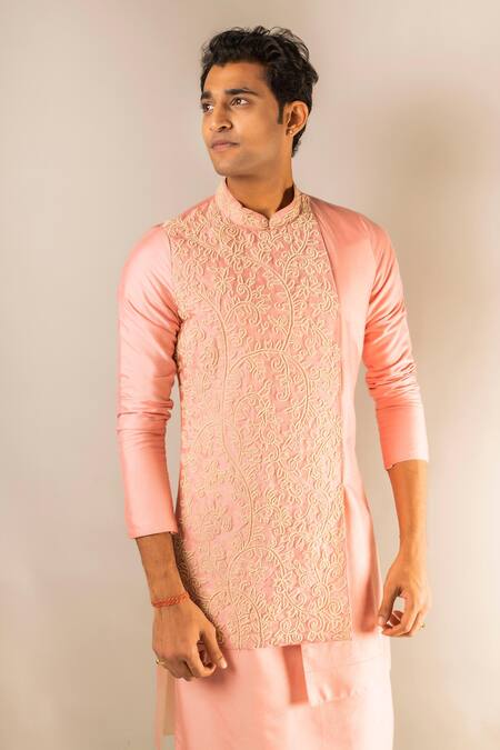 Aashiana_Peach Cotton Silk Satin Floral, Thread Layered Kurta Set _Online_at_Aza_Fashions