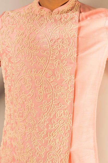 Buy_Aashiana_Peach Cotton Silk Satin Floral, Thread Layered Kurta Set _Online_at_Aza_Fashions