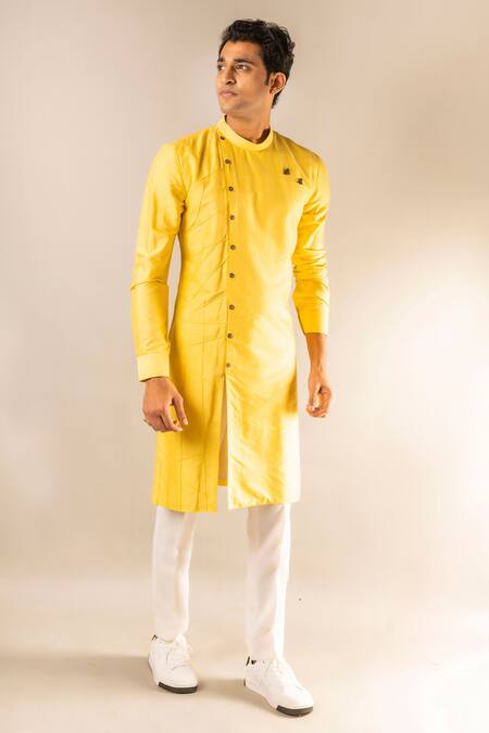Aashiana_Yellow Cotton Silk Satin Plain Pintuck Kurta Set _Online_at_Aza_Fashions