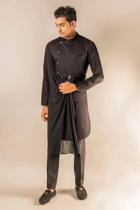 Aashiana Black Cotton Silk Satin Plain Draped Kurta And Pant Set Online at Aza Fashions Aashiana_Black Cotton Silk Satin Plain Draped Kurta And Pant Set _Online_at_Aza_Fashions