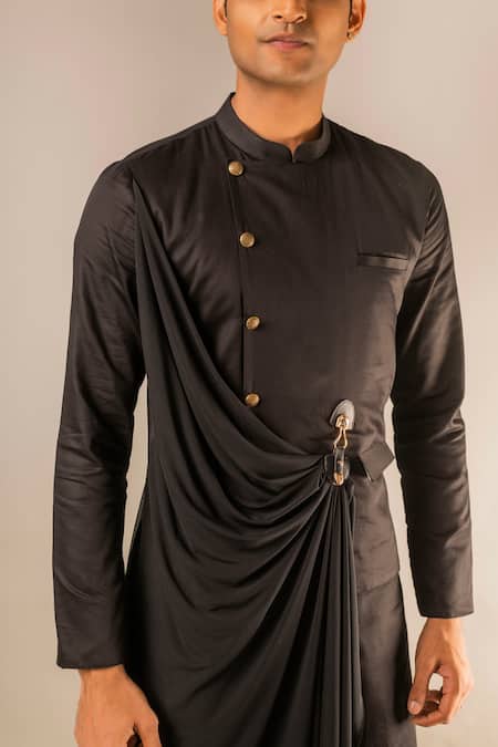 Buy Aashiana Black Cotton Silk Satin Plain Draped Kurta And Pant Set Online at Aza Fashions Buy_Aashiana_Black Cotton Silk Satin Plain Draped Kurta And Pant Set _Online_at_Aza_Fashions