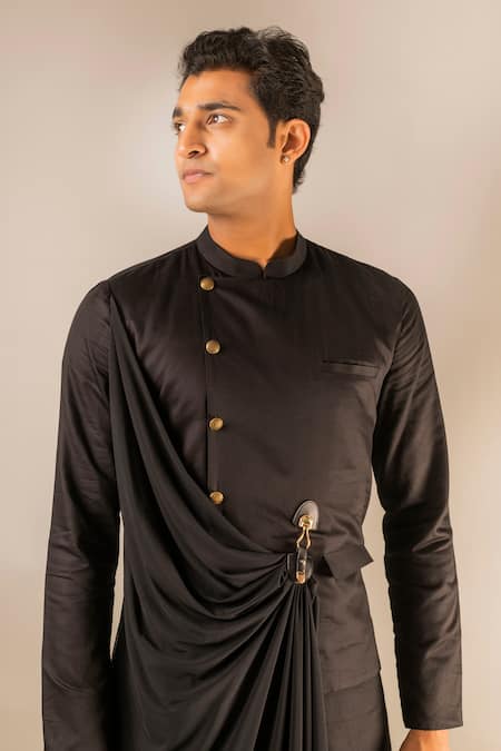 Shop Aashiana Black Cotton Silk Satin Plain Draped Kurta And Pant Set Online at Aza Fashions Shop_Aashiana_Black Cotton Silk Satin Plain Draped Kurta And Pant Set _Online_at_Aza_Fashions