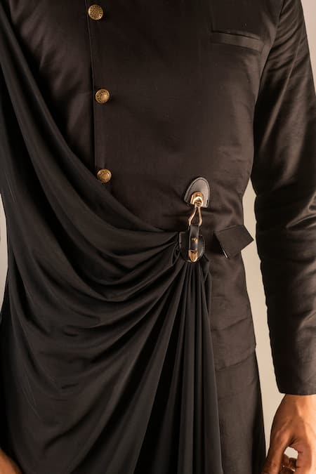 Aashiana Black Cotton Silk Satin Plain Draped Kurta And Pant Set at Aza Fashions Aashiana_Black Cotton Silk Satin Plain Draped Kurta And Pant Set _at_Aza_Fashions