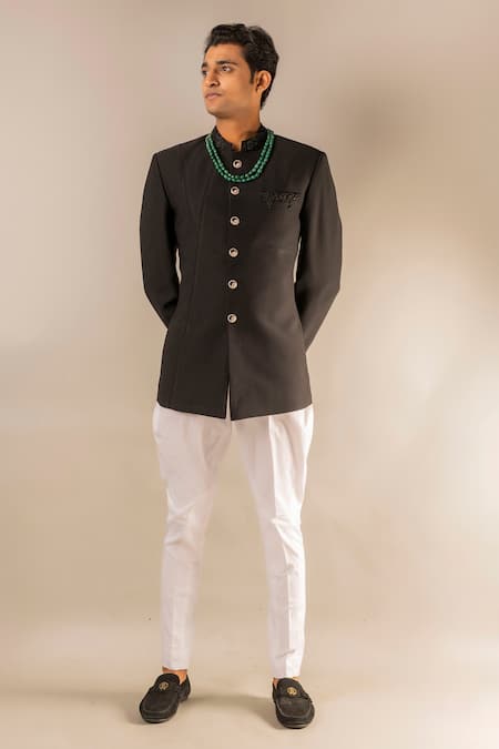 Aashiana_Black Italian Imported Fabric Bead Button Down Bandhgala Set _Online_at_Aza_Fashions