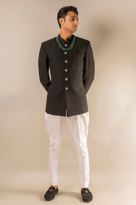 Buy_Aashiana_Black Italian Imported Fabric Bead Button Down Bandhgala Set _Online_at_Aza_Fashions