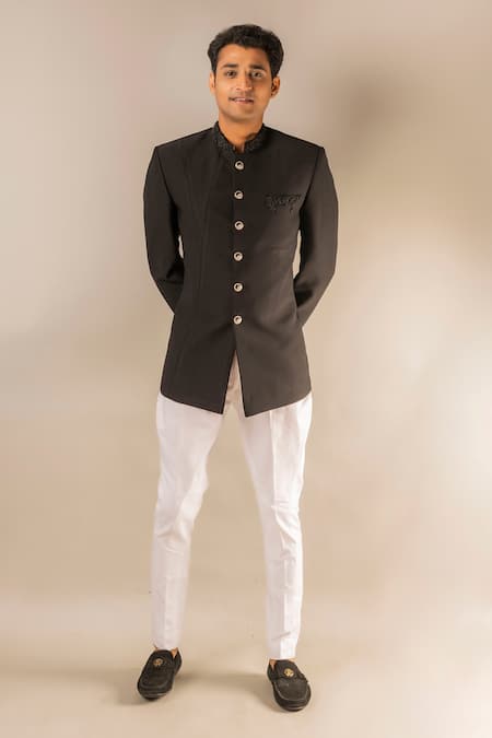 Shop_Aashiana_Black Italian Imported Fabric Bead Button Down Bandhgala Set _Online_at_Aza_Fashions