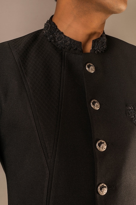 Aashiana_Black Italian Imported Fabric Bead Button Down Bandhgala Set _at_Aza_Fashions
