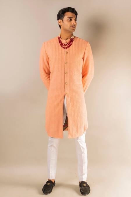 Aashiana_Peach Cotton Silk Satin Embroidery Thread Kurta Set  _Online_at_Aza_Fashions
