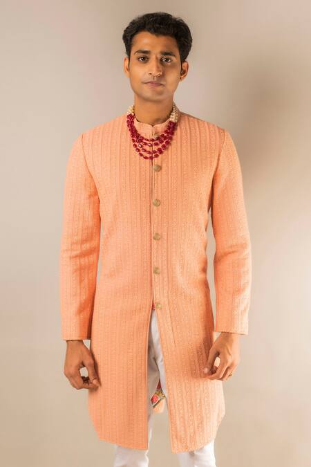 Buy_Aashiana_Peach Cotton Silk Satin Embroidery Thread Kurta Set  _Online_at_Aza_Fashions