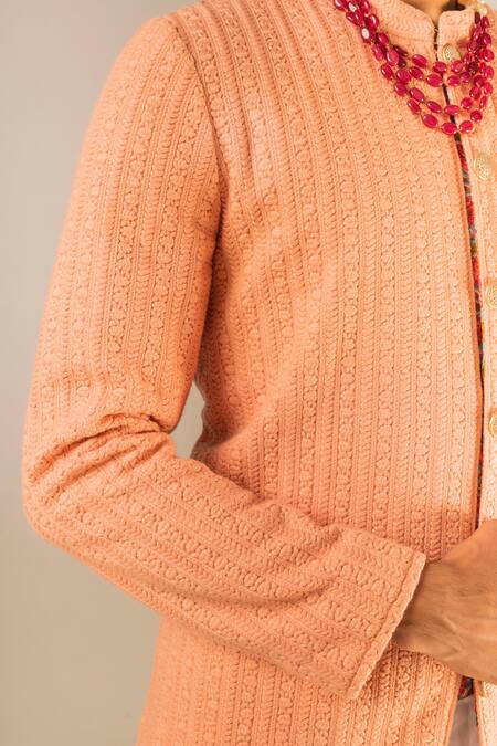 Shop_Aashiana_Peach Cotton Silk Satin Embroidery Thread Kurta Set  _Online_at_Aza_Fashions