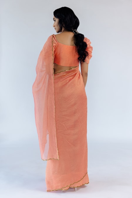 Shop Mimamsaa Peach Tissue Silk Embroidered Zoey Hand Crushed Saree at Aza Fashions Shop_Mimamsaa_Peach Tissue Silk Embroidered Zoey Hand Crushed Saree _at_Aza_Fashions