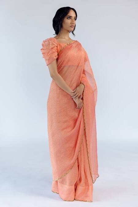 Mimamsaa Peach Tissue Silk Embroidered Zoey Hand Crushed Saree Online at Aza Fashions Mimamsaa_Peach Tissue Silk Embroidered Zoey Hand Crushed Saree _Online_at_Aza_Fashions