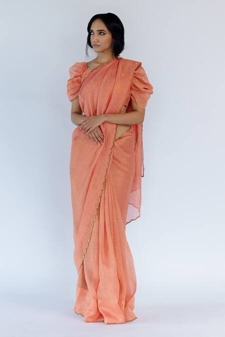 Buy Mimamsaa Peach Tissue Silk Embroidered Zoey Hand Crushed Saree Online at Aza Fashions Buy_Mimamsaa_Peach Tissue Silk Embroidered Zoey Hand Crushed Saree _Online_at_Aza_Fashions