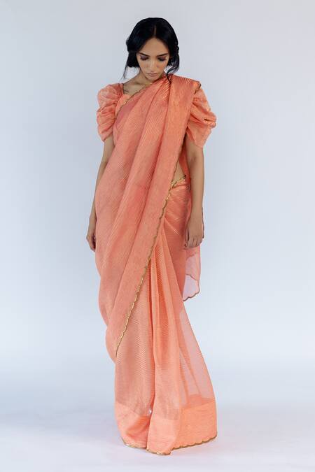 Shop Mimamsaa Peach Tissue Silk Embroidered Zoey Hand Crushed Saree Online at Aza Fashions Shop_Mimamsaa_Peach Tissue Silk Embroidered Zoey Hand Crushed Saree _Online_at_Aza_Fashions