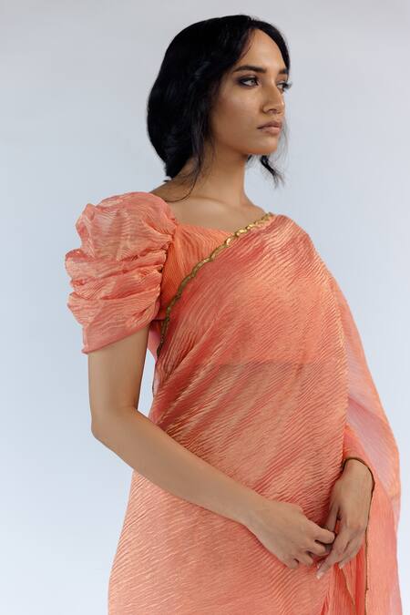 Mimamsaa Peach Tissue Silk Embroidered Zoey Hand Crushed Saree at Aza Fashions Mimamsaa_Peach Tissue Silk Embroidered Zoey Hand Crushed Saree _at_Aza_Fashions